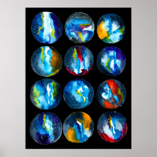 Blå planetens nebula galaxa vattenfärg poster