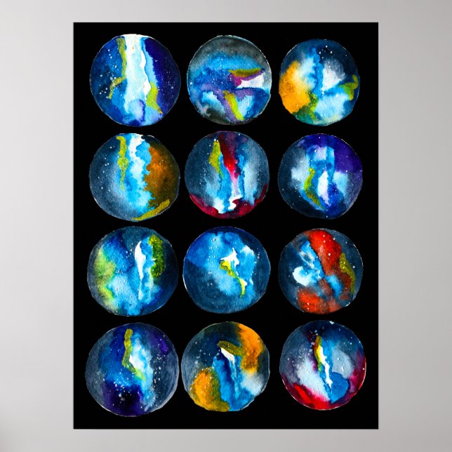 Blå planetens nebula galaxa vattenfärg poster (Framsidan)