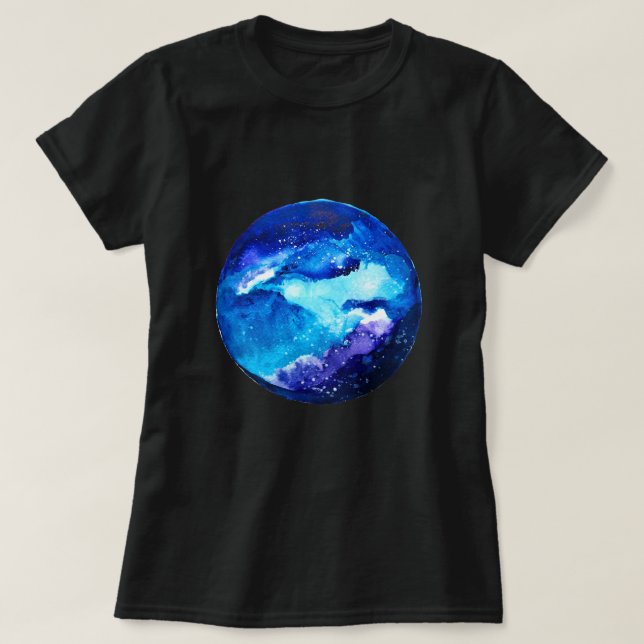 Blå planetens nebula galaxa vattenfärg t shirt (Design framsida)