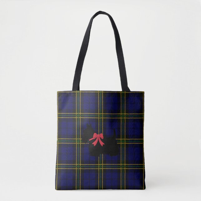 Blå pläterad med Scottish Terrier med röd båge Tygkasse (Framsida)