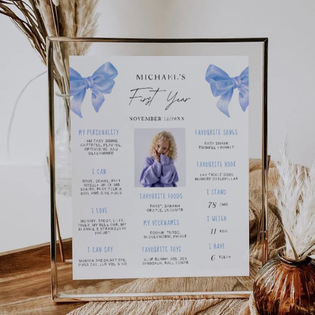 Blå plats 1:a födelsedag poster (Blue Bow 1st Birthday Milestone Board Poster)