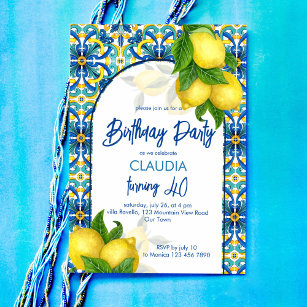 Blå plattor, citron, Amalfi Positano-födelsedagsfe Inbjudningar