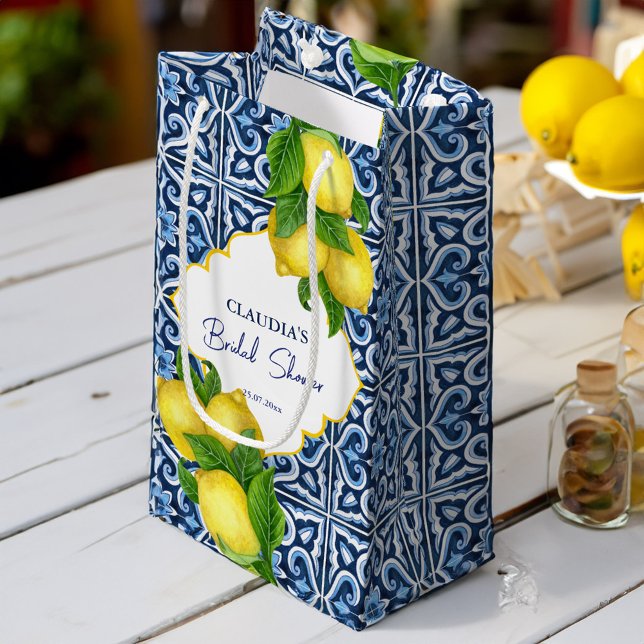 Blå plattor, citron, Amalfi Positano-möhippa (Blue tiles lemon Amalfi Positano bridal shower Small Gift Bag)