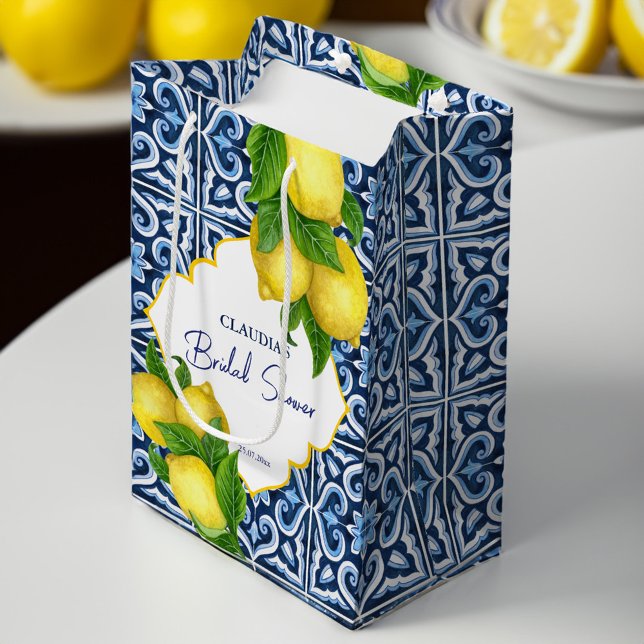 Blå plattor, citron, Amalfi Positano-möhippa (Blue tiles lemon Amalfi Positano bridal shower Medium Gift Bag bridal shower favor bag)