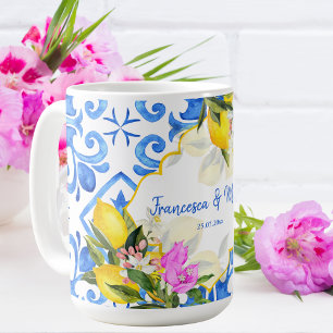 Blå plattor, citron Bougainvillea personligt bröll Kaffemugg