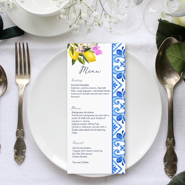 Blå plattor, citron från Medelhavet, tematmall Meny (Skapare uppladdad)