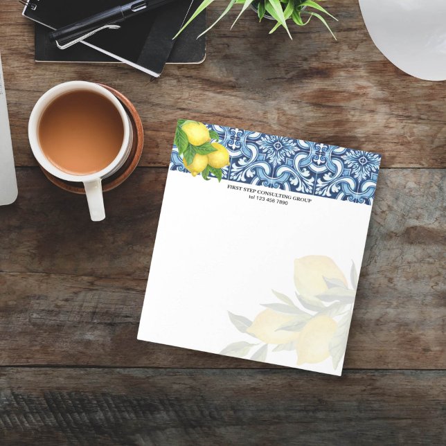 Blå plattor, citroner, Amalfi Positano-personlig Anteckningsblock (Blue tiles and lemons personalized notepad Amalfi Positano Italian themed Majolica Mediterranean)