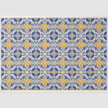 Blå plattor med gula blommor och grodd