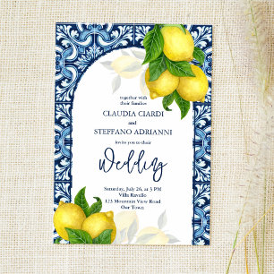 Blå plattor och citron Amalfi Positano bröllop Inbjudningar