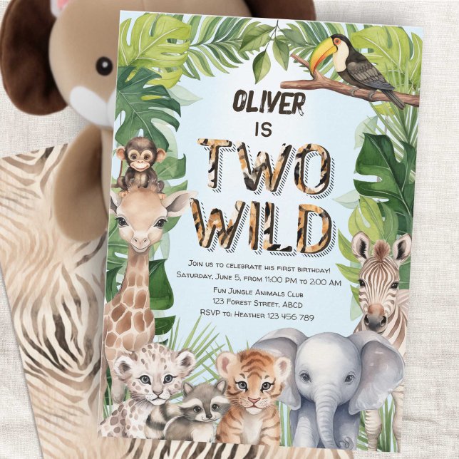 Blå pojke 2:a födelsedag 2:a födelsedag 2:a Vilden Inbjudningar (Blue Two Wild Boy 2nd Birthday Invitation, Safari Themed Jungle animals birthday invite.)