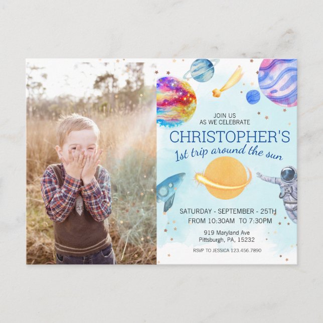 Blå pojke Astronaut Rymden födelsedagsfest Vykort (Framsida)