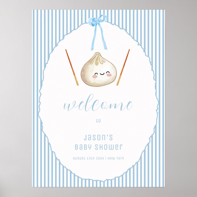 Blå Pojke Båge Asiatisk Dumplings Baby Shower Välk Poster (Framsidan)
