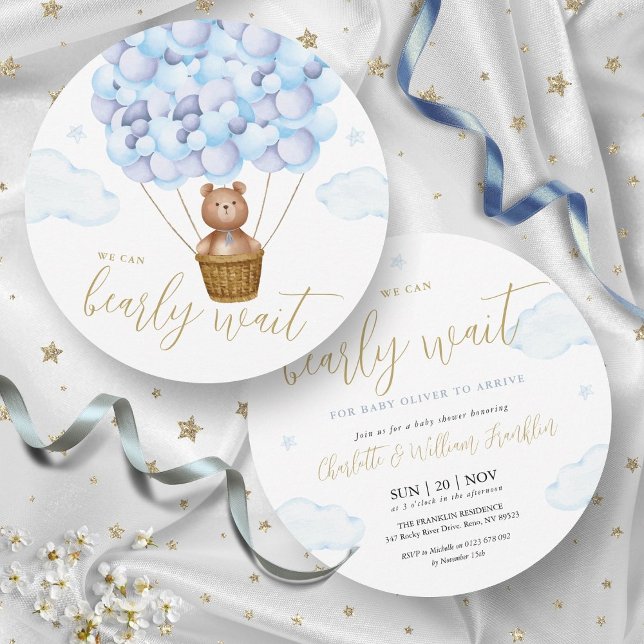 Blå pojke Björn knappt vänta Teddybjörn Bebis bad Inbjudningar (Blue Boy Bearly Wait Teddy Bear Baby Shower Invitation)