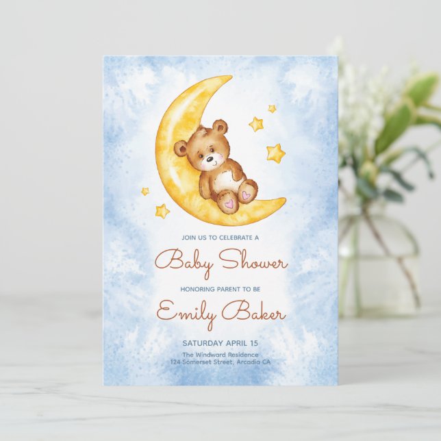Blå Pojke Boho Teddybjörn Bebis Kalas Inbjudan  (Stående Fram)