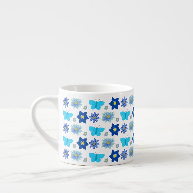 Blå Pojke Butterflies and Flowers Patternated Espressomugg (Vänster)