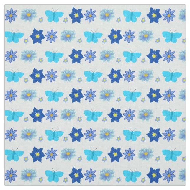 Blå Pojke Butterflies and Flowers Patternated Tyg (Provkarta)