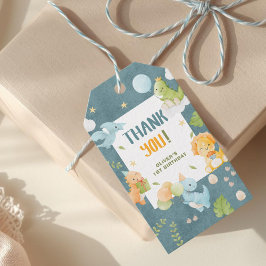 Blå pojke-dinosaurie 1-års födelsedagsfest  presentetikett