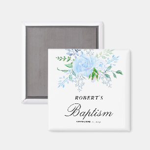 Blå pojke dop presentflik med blommotiv magnet