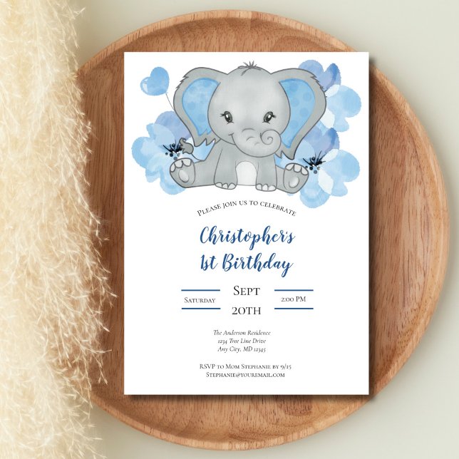 Blå Pojke Elephant Flowers Ballothday Inbjudningar (Blue Gray Elephant Flowers Balloons Baby 1st Birthday Invitation, Printed or Digital Download)