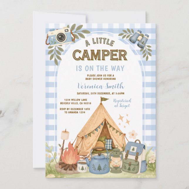 Blå pojke Gingham Camping Pojke Bebisdusch  Inbjudningar (Framsida)