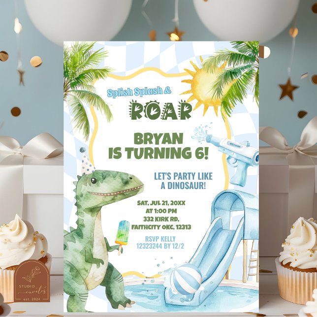 Blå Pojke Groovy Dinosaur Pool Födelsedagsfest  Inbjudningar (Skapare uppladdad)
