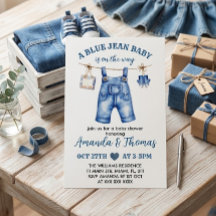Blå Pojke Jean Baby Shower Inbjudan