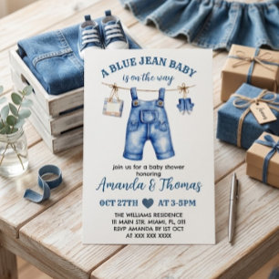 Blå Pojke Jean Baby Shower Inbjudan