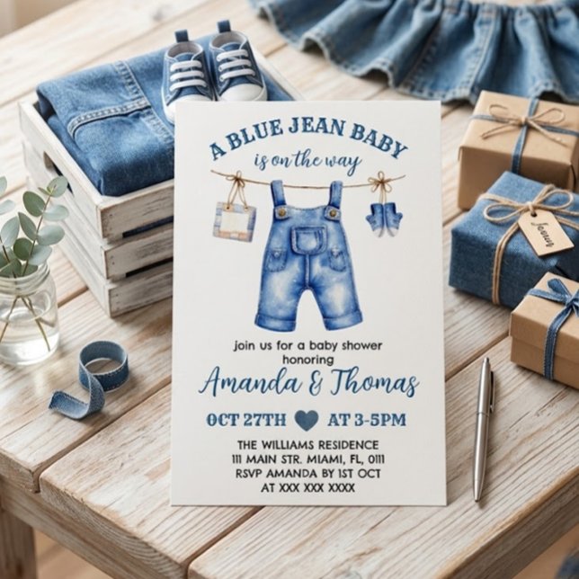 Blå Pojke Jean Baby Shower Inbjudan (Skapare uppladdad)