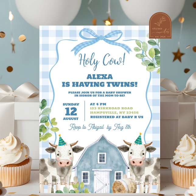 Blå Pojke Ko Tvillingar Baby Shower Inbjudan (Skapare uppladdad)
