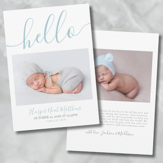 Blå pojke minimalistisk fotofödelsedagsgratulation meddelande (Minimalist Baby Boy Photo Birth Announcement Card)