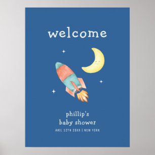 Blå Pojke Över Månen Raket Babyfirande Välkomst Poster