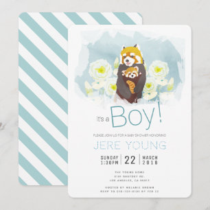 Blå pojke 'Röd Panda' Baby Shower Inbjudningskort