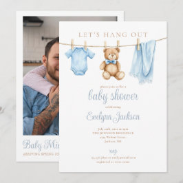 Blå pojkens klädstreck Baby Shower Foto QR-kod Inbjudningar