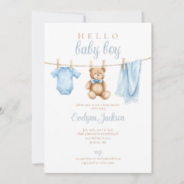 Blå pojkens klädtorrn Baby Shower Foto QR-kod Inbjudningar