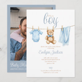 Blå pojkkläder Tvättpinne Baby Shower Foto QR-kod Inbjudningar
