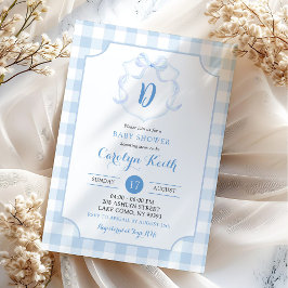 Blå Pojkmonogram Vattenfärgskrön Baby Shower Inbjudningar