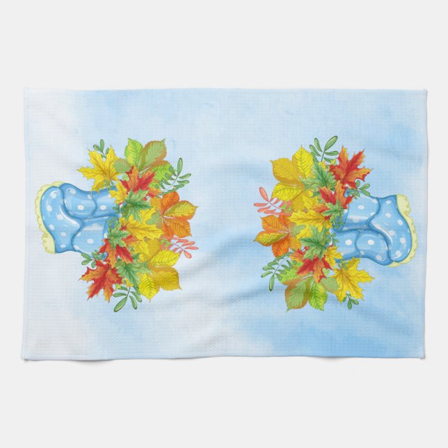 Blå polka-dot Rain Boots Höst löv Kökshandduk (Horisontell)