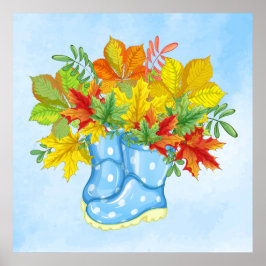 Blå polka-dot Rain Boots Höst löv Poster