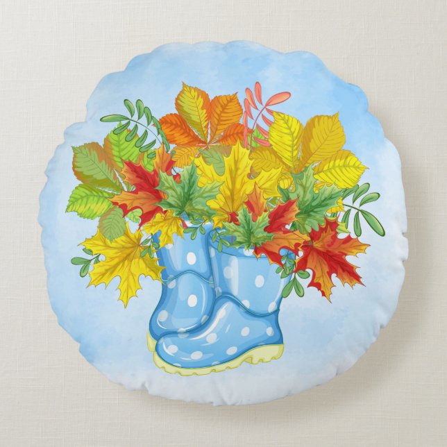 Blå polka-dot Rain Boots Höst löv Rund Kudde (Framsidan)