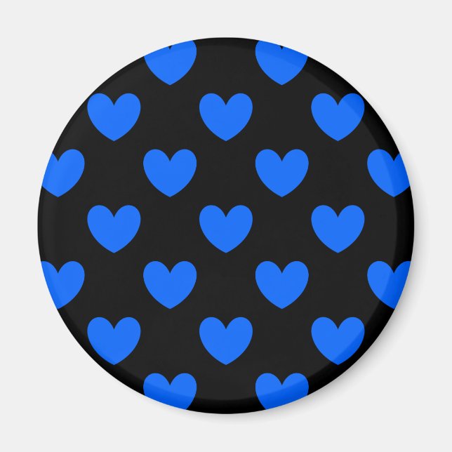 Blå polka-hjärtan på svart magnet (Framsidan)