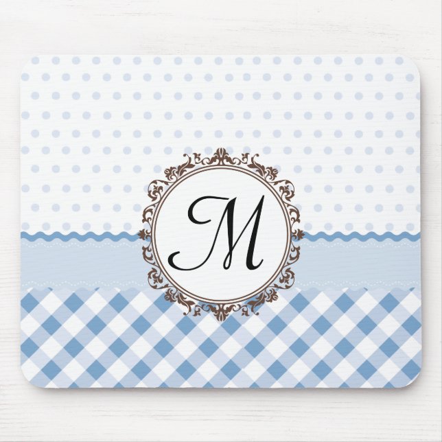 Blå polkadoter, checkar och Rand med Monogram Musmatta (Framsidan)