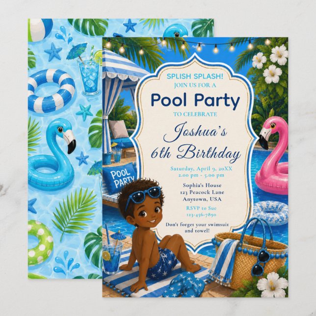 Blå poolfest för pojkens födelsedag inbjudningar (Fram/baksida)