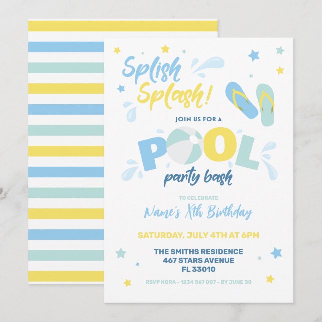 Blå Poolpartyinbjudan Inbjudningar (Fram/baksida)