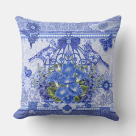 Blå porcelain Birds and Birdcage Kudde