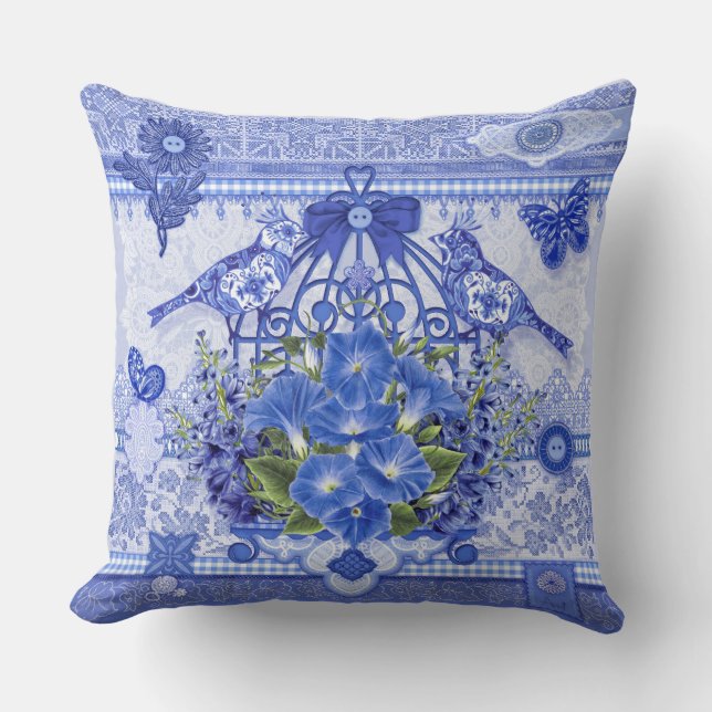 Blå porcelain Birds and Birdcage Kudde (Framsida)