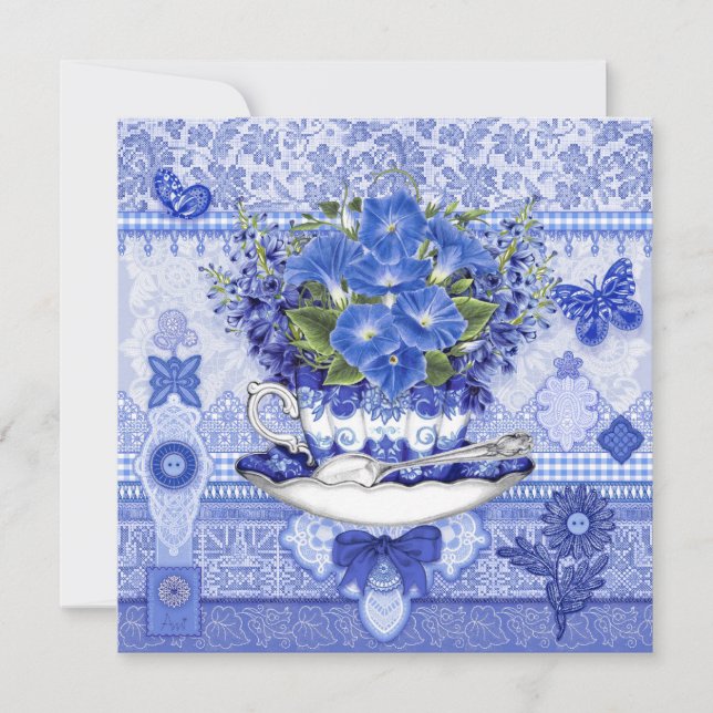 Blå porcelain Kopp och Blommor Card Julkort (Framsida)