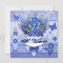 Blå porcelain Kopp och Blommor Card