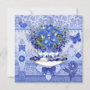 Blå porcelain Kopp och Blommor Card Julkort