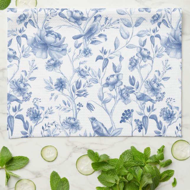 Blå,porslin,blå china,blommigt,kiniserie kökshandduk (Vikta)