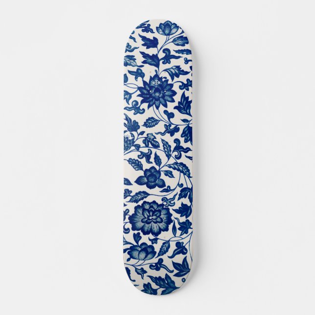 Blå porslinblommor och vitt mini skateboard bräda 18,5 cm (Framsida)